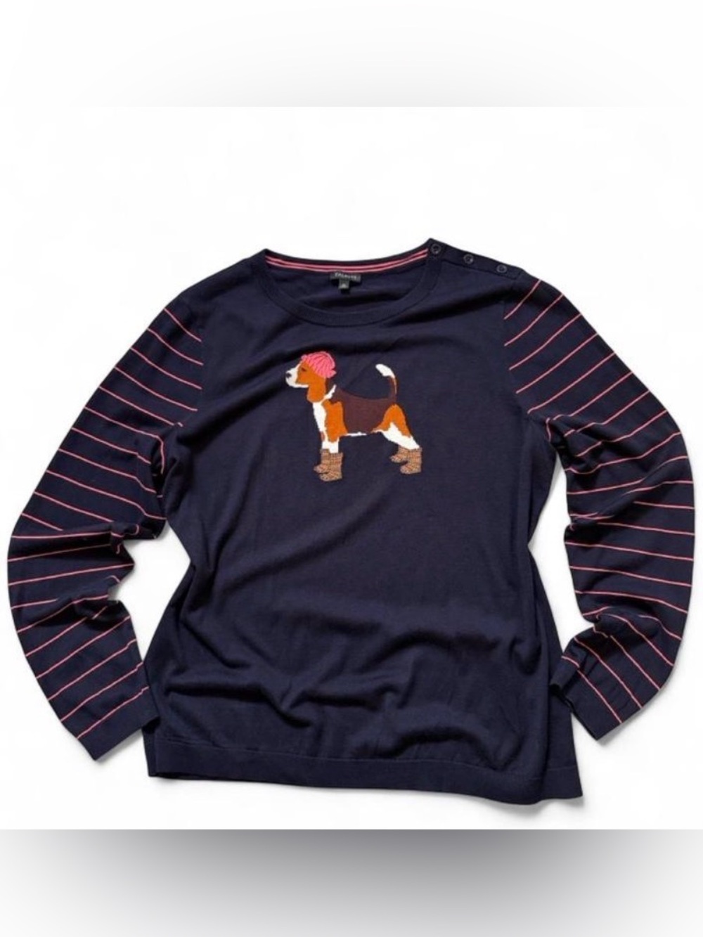 Vintage Talbots Navy Knit Top with Beagle Motif and Pink-Striped Sleeves